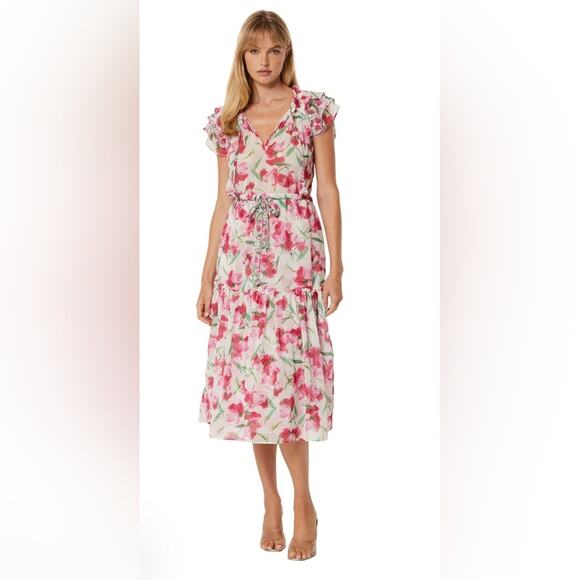 New Sz small MISA LOS ANGELES NIKA DRESS FUSCHIA MIX floral printed chiffon midi - Picture 2 of 10